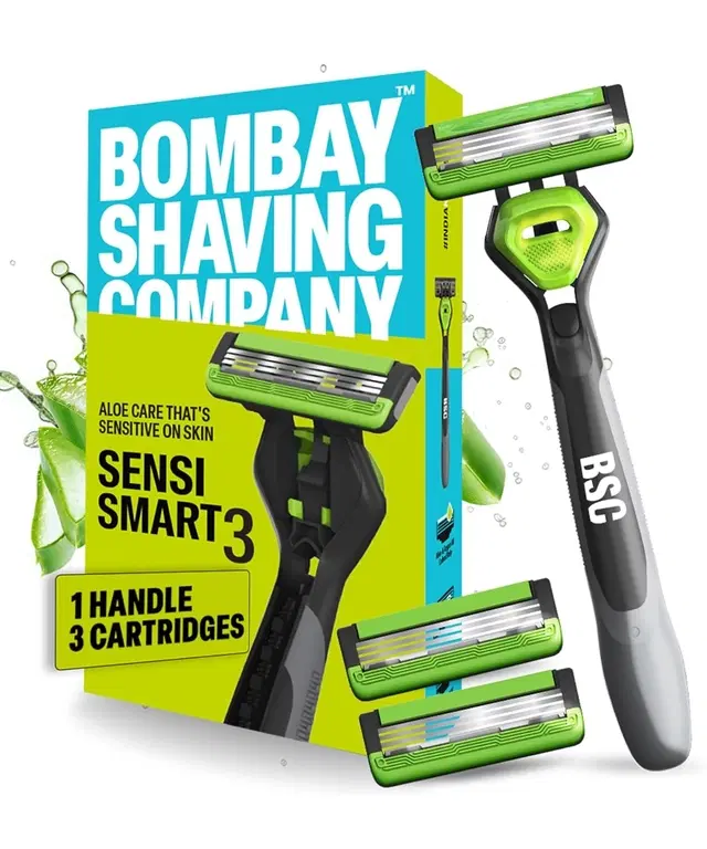 Bombay Shaving Company Sensi Smart 3 Value Pack (Handle + 3 Blades Cartridge) | Shaving Razor For Men | Aloe Gel And Argan Oil Lubra Strip With Pivot Head