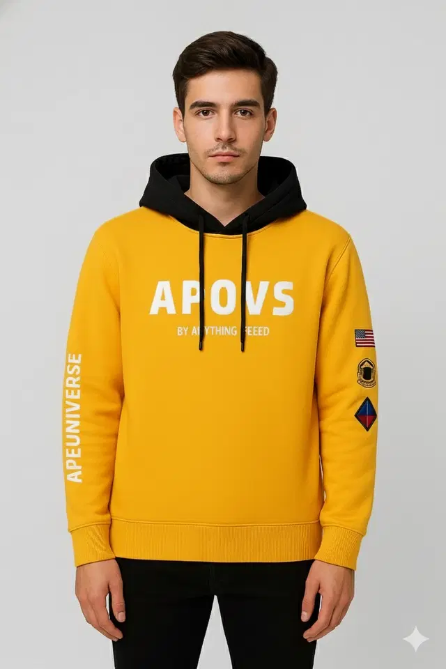 Fleece Printed Hoodie for Men, Yellow (M)