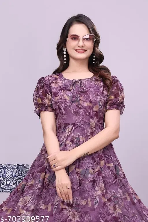 Floral One Piece Dress (Purple, S)