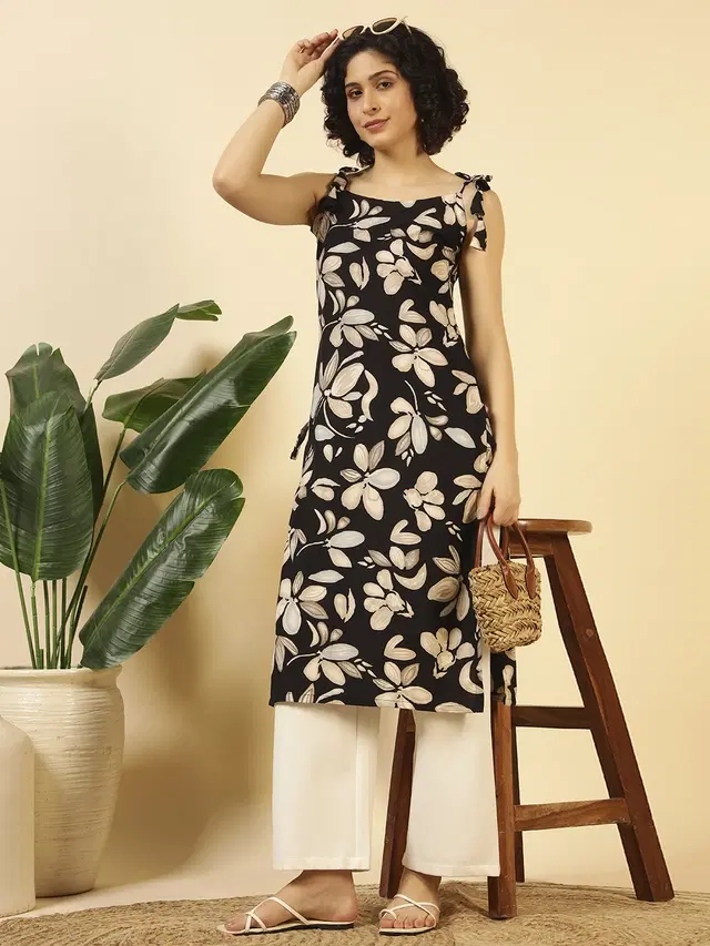 Tie Up Poly Crepe Kurti for Women (Black, XS)