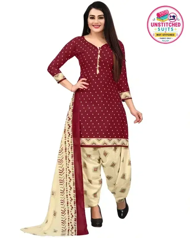 Cotton Blend Printed Unstitched Suit for Women, Red