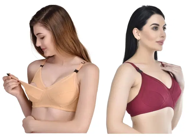 Cotton Blend Solid Non Padded Feeding Bras for Women, Pack of 2 (Multicolor, 32)
