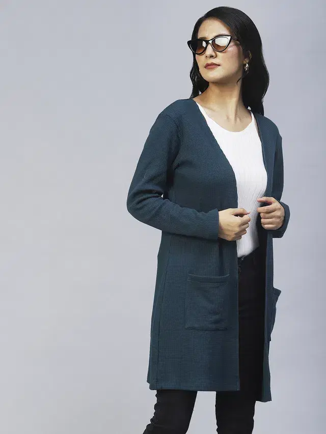 Women's Front Open Long Shrug (Teal, Free Size)