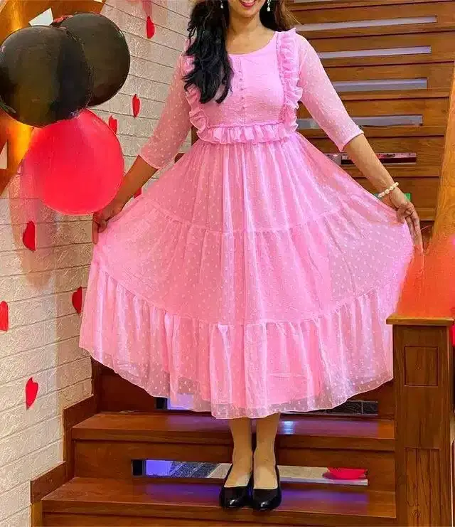 Women's Self Design Anarkali Gown (Pink, L)