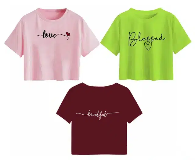 Cotton Printed Crop Tops for Girls, Pack of 3 (Multicolor, 12-13 Years)