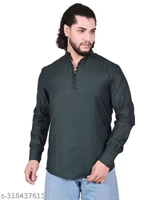 Cotton Solid Short Kurta for Men, Green (M)