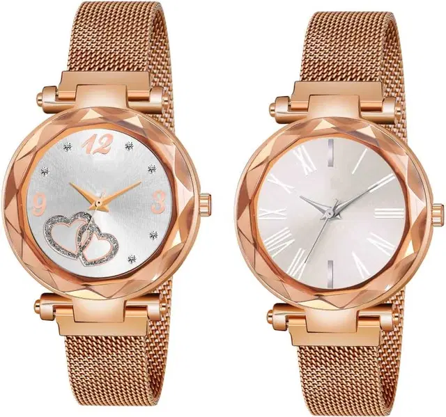 Metal Strap Analog Watch for Women & Girls, Pack of 2 (Multicolor)