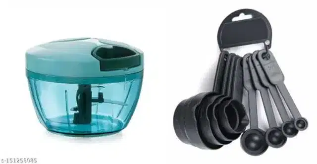 Manual Chopper with 8 Pcs Measuring Cup Set, Black & Blue, Set of 2