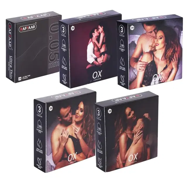 Raftaar Dotted Condoms-15pc OX Spc, Ultra thin, Chocolate, Cool Mint, Strawberry, Vanilla (15 Sheets, Pack of 5)