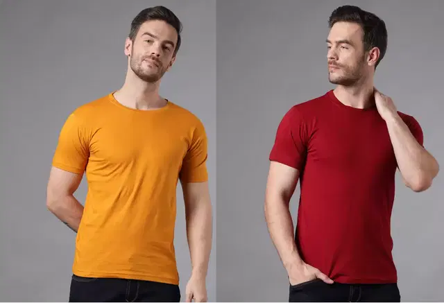 Fashion Globe Round Neck Half Sleeves T-Shirt For Mens, Pack Of 2 (Multicolor, L) (FG-53)