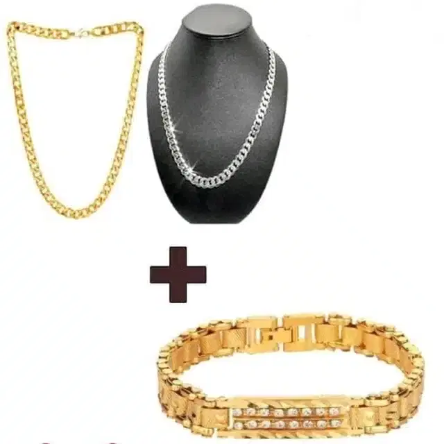 Designer 2 Pcs Chain with Bracelet for Men & Boys, Set of 2 (Gold & Silver)