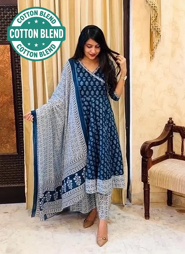 Cotton Blend Printed Anarkali Women's Kurta with Pant & Dupatta Set, Blue (M)