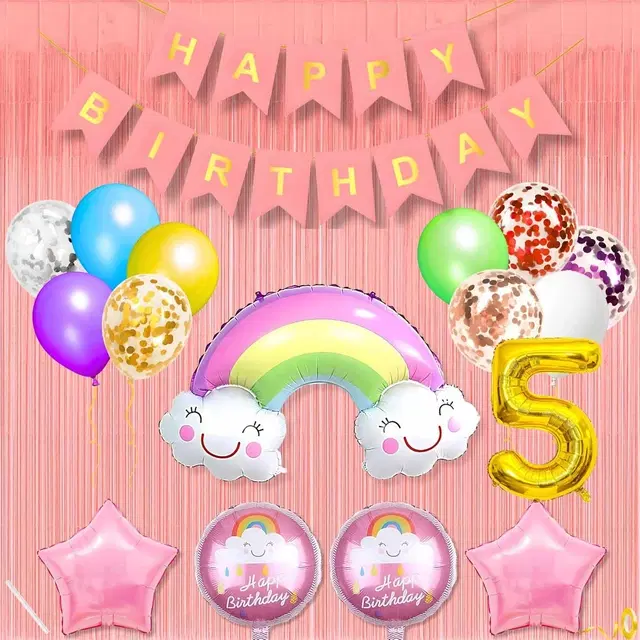 Colorful Rainbow Theme 5th Birthday Decoration Kit for Kids (Multicolor)Pcs Of 20 ,(Set Of 1)