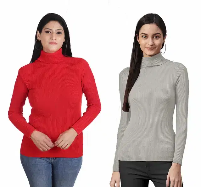 Full Sleeves High Neck Sweater for Women, Pack of 2 (Red & Grey, M)