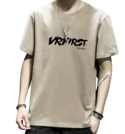 Round Neck Printed Design Stylish Trendy Cool Korean Print Slim Fit T Shirt (Cream, M)