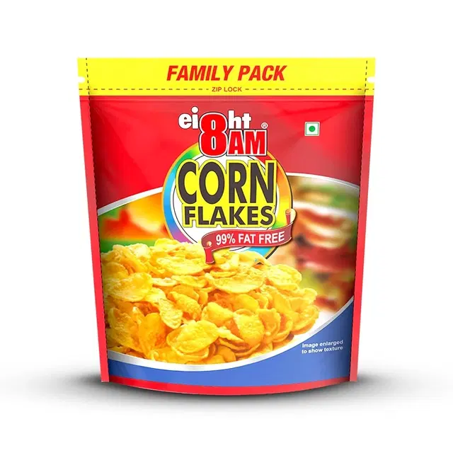 8am Corn Flakes Family Pack 1 Kg, 92% Corn, 99% Fat Free, No Cholesterol, Trans Fat, Vitamin B3 &amp; Iron, Crunchy &amp; Nutritious Whole Grain Breakfast Cereal