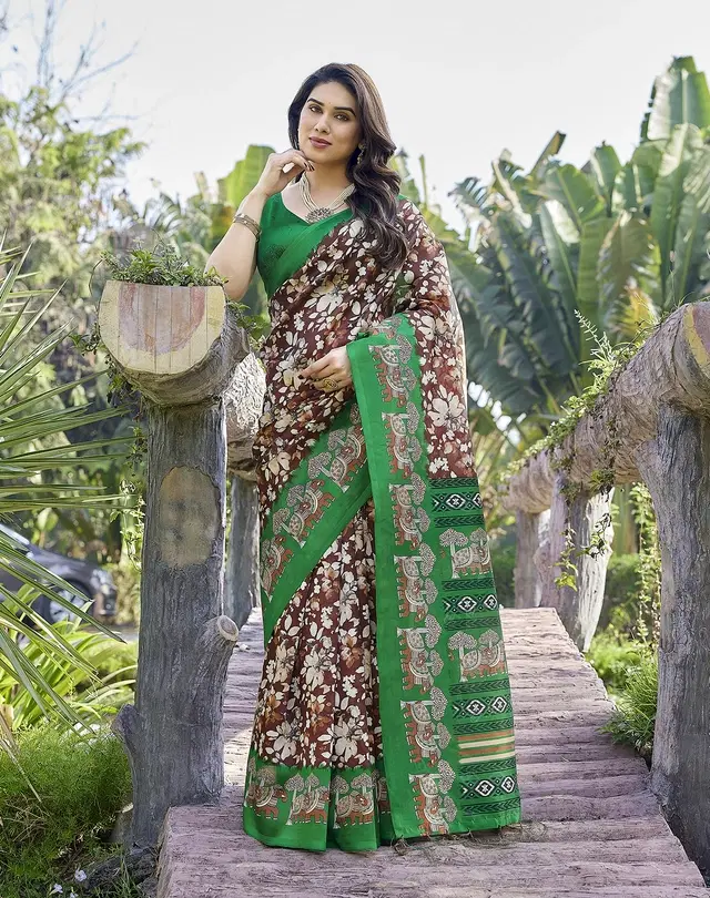 Printed Kalamkari Assam Art Silk Saree with Blouse for Women (Brown, Free Size)