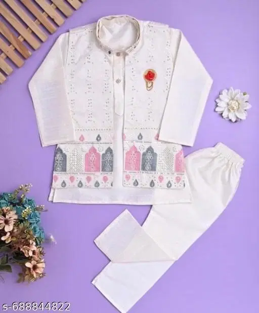 Embellished Art Silk Kurta Set for Boys (White, 6-9 Months)