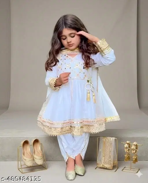 Golden Lace & Mirror Work Kurti Dhoti Pant Set with Dupatta for Girls (Beige, 0-3 Months)