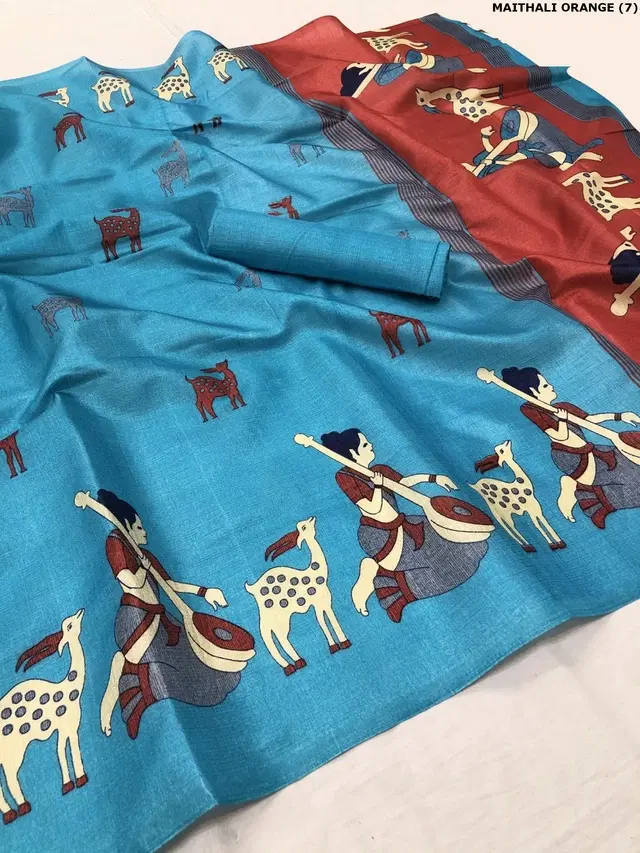 Kalamkari Printed Assam Silk Saree with Blouse for Women (Rama, Free Size)