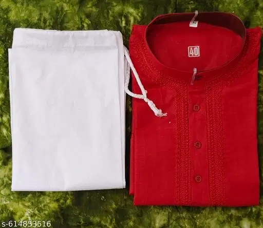 Cotton Solid Kurta Set for Men, White & Red (M)