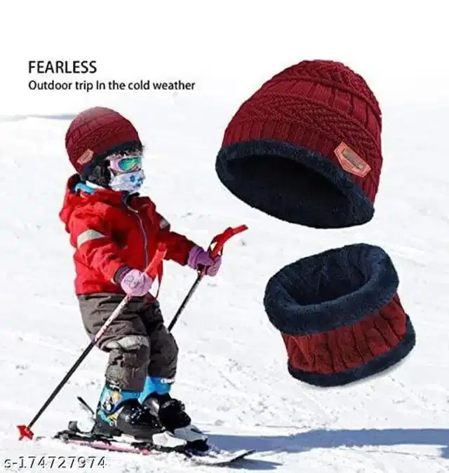 Woolen Winter Beanie Cap with Neck Warmer for Kids (Maroon, 5-14 Years)
