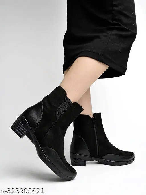 Shoetopia Solid Synthetic Block Heel Boots Black (IND-4)