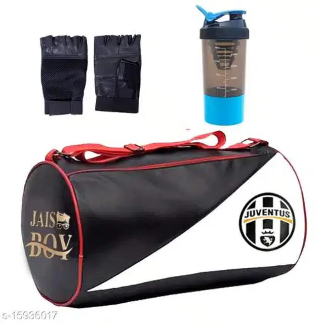 Combo of Gym Bag with Shaker Bottle, 400 ml, Gloves, Multicolor, Set of 3