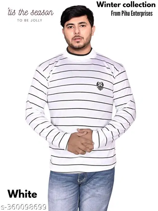 Woolen Striped Sweater for Men (White, M)