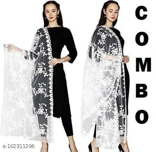Embroidered Punjabi Net Floral Sewing & Embroidery, Pack of 2 (White, Free Size)