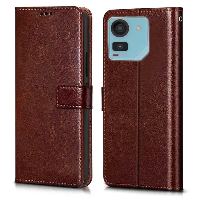 Artificial Leather Mobile Flip Cover for Ai+ Pulse (Brown)