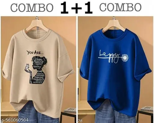 Cotton Blend Printed T-shirt for Women, Blue & Beige, Pack of 2 (XXS)