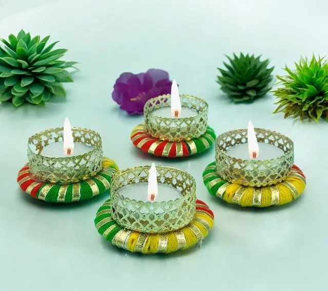Metal Designer Tealight Candle Holder, Multicolor, 6x6x2.4 cm, Pack of 4