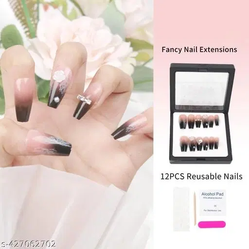 Kamz's Fake Nails Nail Extension Kit - Quick Fix Press On Nails, Aesthetic Acrylic Stick on Nails, Reusable, 12pcs Nails Set for Girls & Kids