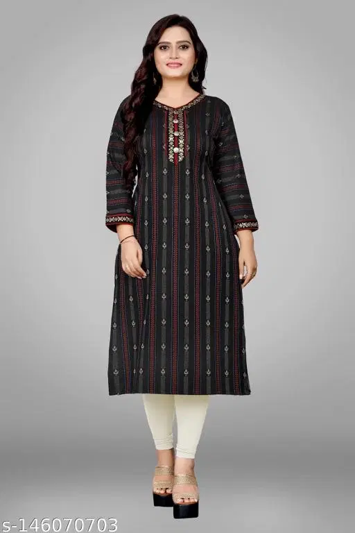 Khadi Cotton Printed Kurti for Women (Black, M)