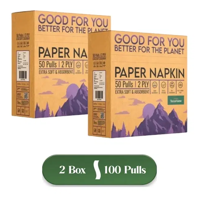 TerraHome Small Tissue Paper Napkins, 2 Ply, 40x40cm [2x50 Pieces] (Pack of 2)
