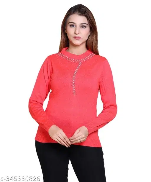 Acrylic Embellished Sweater for Women (Dark Pink, M)