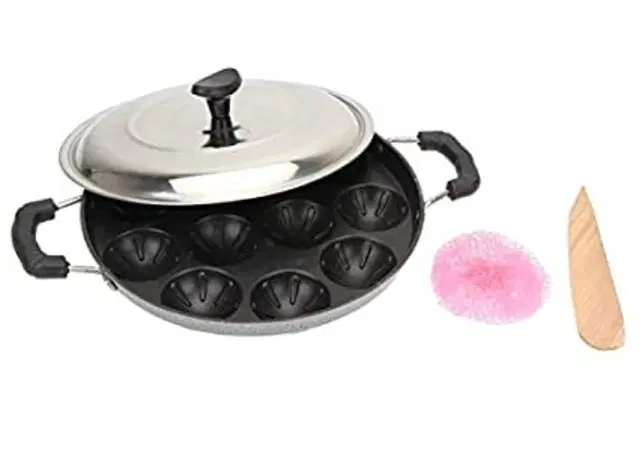 ZODEX 12 Cavities Non Stick Appam Patra with Lid and Side Handle, Multicolor, 21 cm