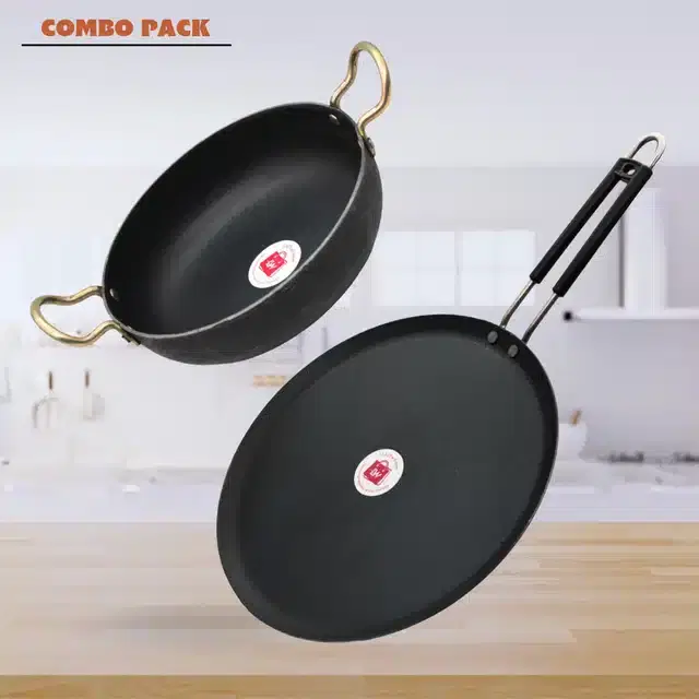 LAZYwindow Iron Deep Bottom Kadai with Grip Type Handle Tawa Combo, Black, Pack of 2