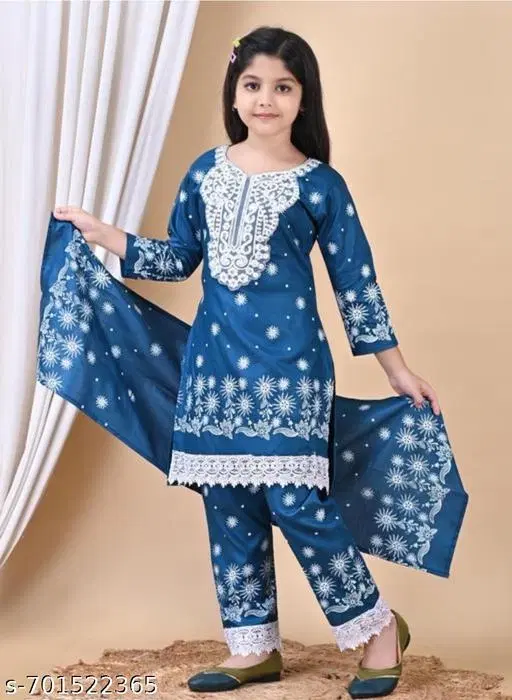 Cotton Rayon Kurta Set for Girls (Blue, 11-12 Years)