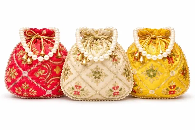 Handcrafted Embroidered Silk Potli Bag, Multicolour, Pack of 3
