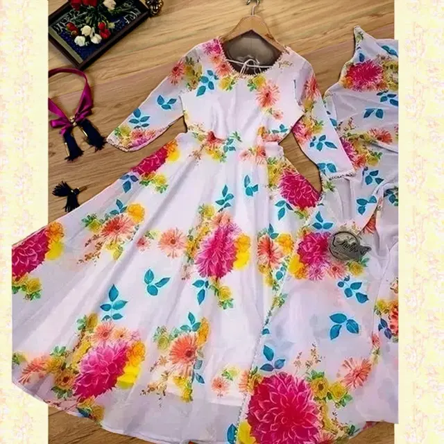 Georgette Printed Gown with Dupatta for Girls (Multicolor, M)