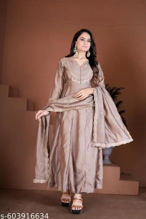 Vichitra Silk Kurta Set for Women (Brown, S)