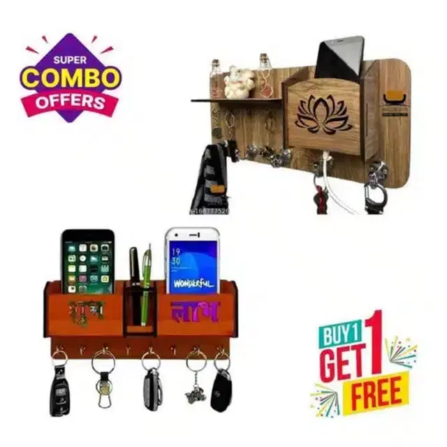 Wooden Mobile & Key Holder, Brown, Pack of 2