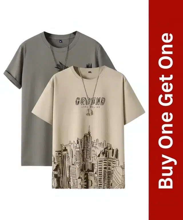 Men's Round Neck Printed T-Shirt, Buy 1 Get 1, Grey & Beige, XXL