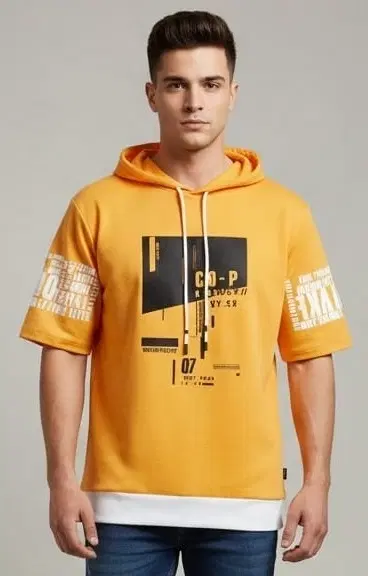 Polyester Printed T-shirt for Men, Yellow (XL)