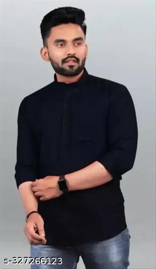 Cotton Blend Solid Short Kurta for Men, Black (L)
