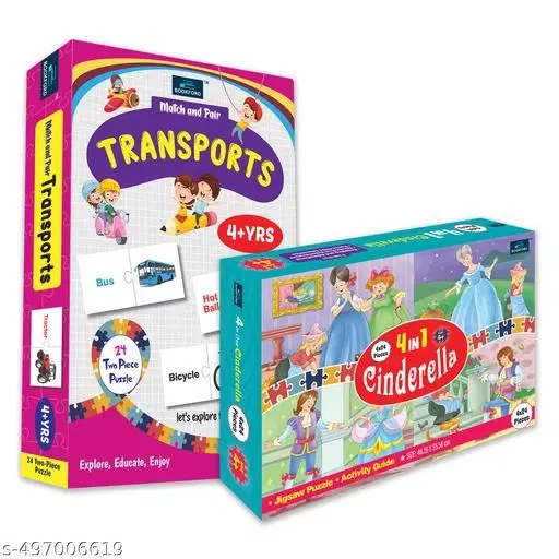 Bookford Exciting Puzzle Combo Set of 2 Jigsaw Puzzle - 4 in 1 Cinderella & Match & Pair Transport