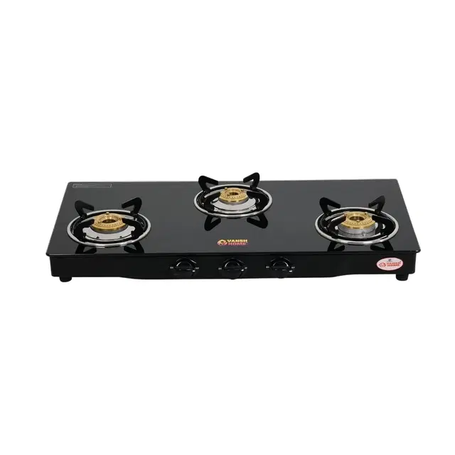 Glass ISI Certified 3 Burner Gas Stove, Black