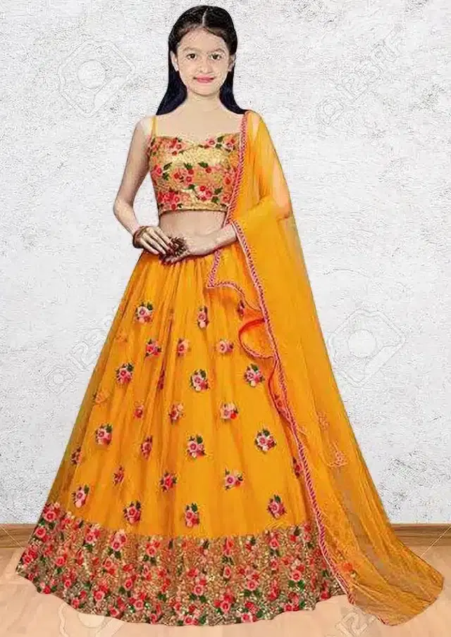 Net Embroidered Semi Stitched Lehenga for Girls (Yellow, 9-10 Years)